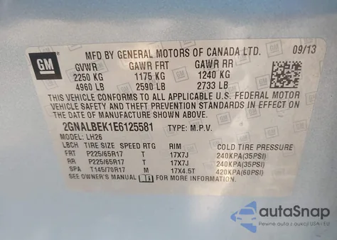 2014 Chevrolet Equinox 1Lt из США, поврежденный, VIN 2GNALBEK1E6125581